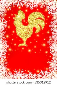 Golden glitter crowing rooster with sparkles and stars on red Christmas background with snowflakes and blank space for text. Chinese symbol for the New year 2017. Tinsel vector illustration.