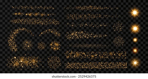 Golden glitter design set with light effect. Isolated strokes, dots, confetti, stars, sunlight, lines, particles on dark background. Abstract luxurious glowing elements for birthday, New Year designs.