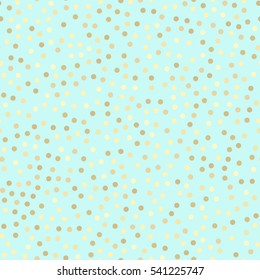 Golden Glitter Dots, Abstract Mint Blue Background. Seamless Vector Pattern. Shiny Holiday Background. Golden Circles Pattern On Turquoise Blue. Gold Metal Foil Background.