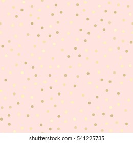 Golden glitter dots, abstract pink background. Seamless vector pattern. Shiny holiday background. Golden circles pattern. Gold metal foil background.