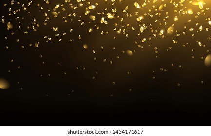 Golden glitter drops flying in rays realistic vector illustration. Brilliant confetti shower 3d design. Festive party decor on black background