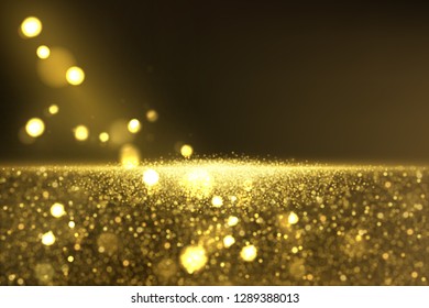 Golden glitter dust effect. Sparkling particles, yellow glowing lights. Abstract luxury background.