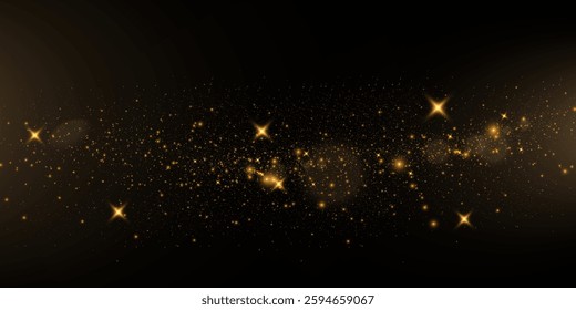Golden glitter dust explosion on black background, glowing light particles, festive sparkles, luxury shimmer, bright magic stars, abstract golden bokeh, holiday celebration backdrop.