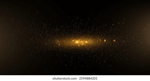 Golden glitter dust explosion on black background, glowing light particles, festive sparkles, luxury shimmer, bright magic stars, abstract golden bokeh, holiday celebration backdrop.