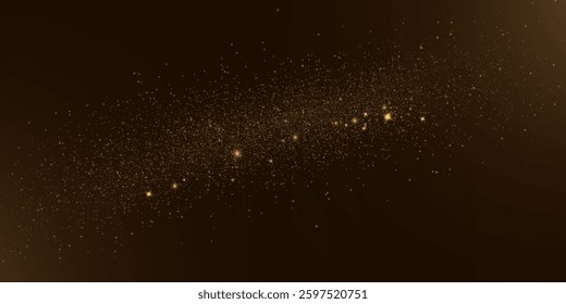 Golden glitter dust explosion on black background, glowing light particles, festive sparkles, luxury shimmer, bright magic stars, abstract golden bokeh, holiday celebration backdrop.