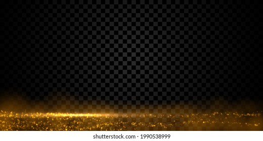 Golden glitter dust, glowing lights effect isolated on dark transparent background.