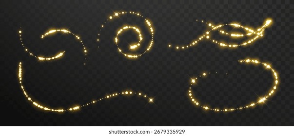 Conjunto de caminhos de poeira dourada brilhante. Brilhante estrela rastro cintilante com projeto de vetor de onda mais brilhante