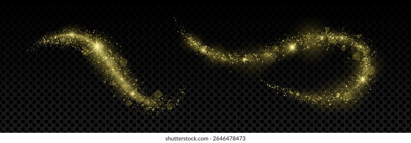 Poeira dourada brilhante com estrelas, cintilações e trilhas brilhantes. Efeito de onda giratória com brilho, flare e bokeh. Fundo abstrato festivo para xmas, céu noturno ou temas de fantasia. Vetor EPS