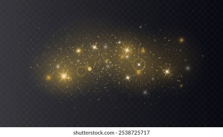 Golden glitter, dust sparks, bokeh lights and sparkles. Christmas, Shining star, Vector sparkles on transparent background