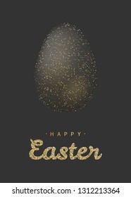 Golden glitter Easter egg on black background with lettering. Happy Easter greeting card. Vector.