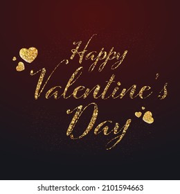 Golden Glitter Effect Happy Valentine's Day Font With Hearts On Black Background.