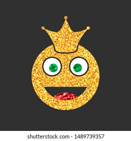 Golden glitter emoji icon with crown on black background. Emoticons sticker king. Luxury emoji symbol for social media, blog or chat. Isolated vector illustration 