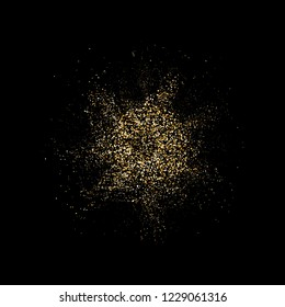Golden glitter explosion. Bright dust splash. Gold glitter particles splatter. Sparkling firework on black background. Vector illustration.