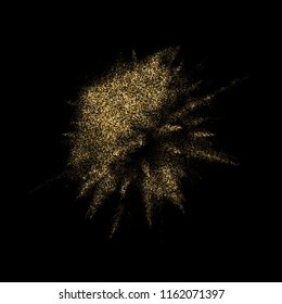 Golden glitter explosion or gold particles blast with glare effect. Vector abstract paint powder explode splatter on black background