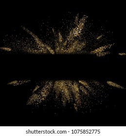 Golden glitter explosion on black background. Vector illustration.