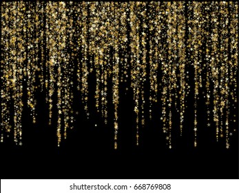 Golden glitter festoons dangling background vector illustration. Gold dust falling down, flying star confetti vertical lines. Sparkle stars garlands, tinsels holiday lights design.