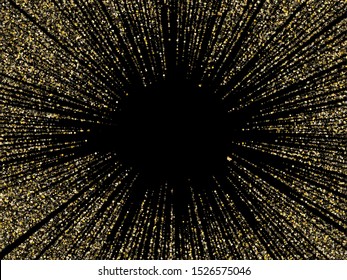 Golden glitter fireworks explosion christmas abstract background. Shimmer grains illustration. Festive golden sparkle background. Glitter border frame. Black and gold vector dust for christmas cards