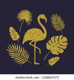 Golden Glitter Flamingo. Vector