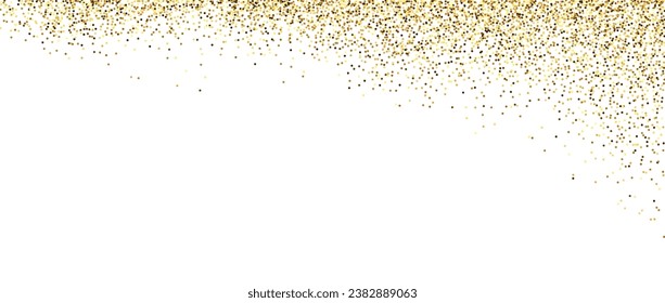 Golden glitter frame background. Sparkling small confetti corner wallpaper. Falling or splashed gold dots texture. Vector border and divider element for posters. Christmas, birthday decoration. Vector