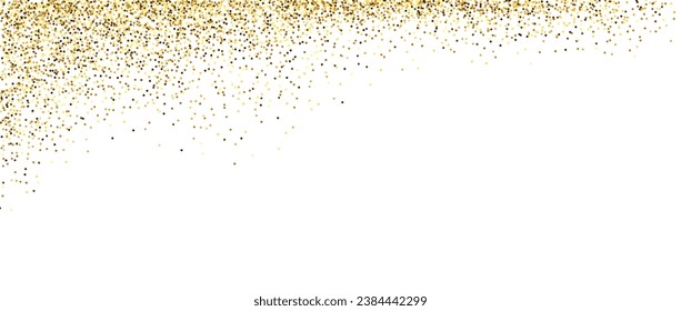 Golden glitter frame background. Sparkling small confetti corner wallpaper. Falling or splashed gold dots texture. Vector border or divider element for posters. Christmas, birthday decoration. Vector