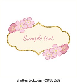 Golden glitter frame with branches of cherry blossoms. Vector illustration.
