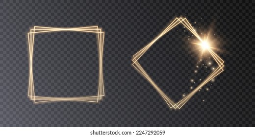Golden glitter frame with glowing lights. Decorative element for holiday design on transparent background. Vector illustration.