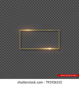 Golden glitter frame with glowing lights. Decorative element for holiday design on transparent background. Vector illustration.