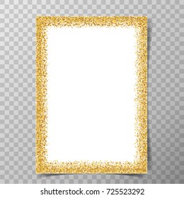 Golden glitter frame on a4 paper with shadows on transparent vector background.