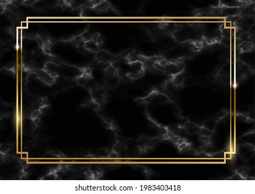 Golden glitter frame on black marble background. Border and design with gold sparkles. Modern glamorous Christmas card, New Year, wedding, anniversary celebration vector illustration.