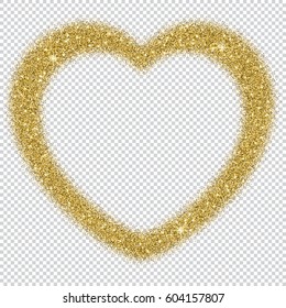 Golden glitter frame in the shape of heart with space for text isolated on transparent background for Valentine's Day. Vector illustration. EPS10.