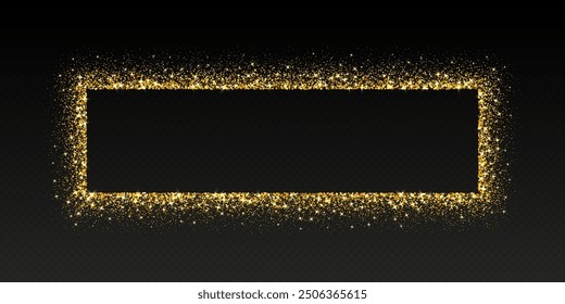 Golden glitter frame, shimmering border in rectangular shape, festive holiday sparkles. Christmas decoration. Vector illustration.