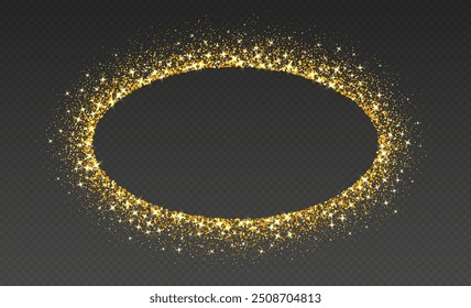 Goldener Glitzerrahmen, schimmernder Rand in ovaler Form, festlicher Feiertagsfunkel. Weihnachtsschmuck. Vektorgrafik.