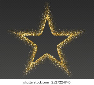 Golden glitter frame, shimmering border in star shape, festive holiday sparkles. Christmas decoration. Vector illustration.