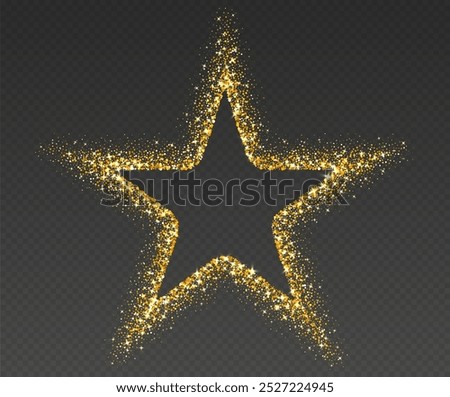 Golden glitter frame, shimmering border in star shape, festive holiday sparkles. Christmas decoration. Vector illustration.