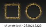 Golden glitter frames, shimmering borders in circle and square shapes, festive holiday sparkles. Christmas decoration. Vector illustration.