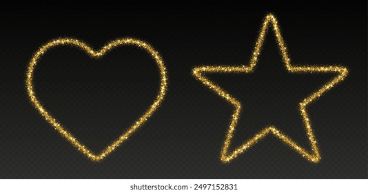 Golden glitter frames, shimmering borders in heart and star shapes, festive holiday sparkles. Christmas decoration. Vector illustration.