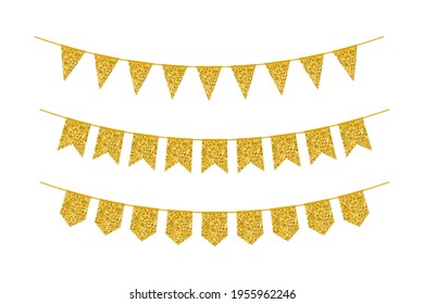 Garland dorado hecho de banderas o peniques. El polvo de oro texturó el lienzo para la decoración de la fiesta de cumpleaños. Ilustración vectorial del elemento de diseño brillante.