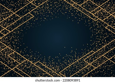 Golden glitter, geometric line elements, art deco frame on a dark background, with copy space. Flat style vector illustration. Abstract design. Concept New Year, birthday greeting card, poster, banner