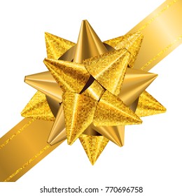 Golden glitter gift bows with ribbons. Detailed and realistic Vector illustration.