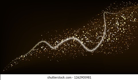 Golden glitter glare wave or gold sparkling light twist trail on premium luxury background with glittery mist effect
