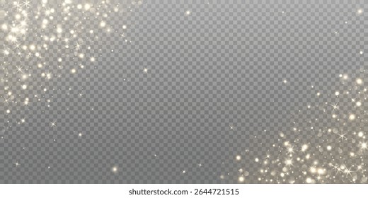 Golden glitter and glowing particles corner frame. Sparkling light overlay for Christmas, New Year, celebration design. Remove transparent background in vector file.