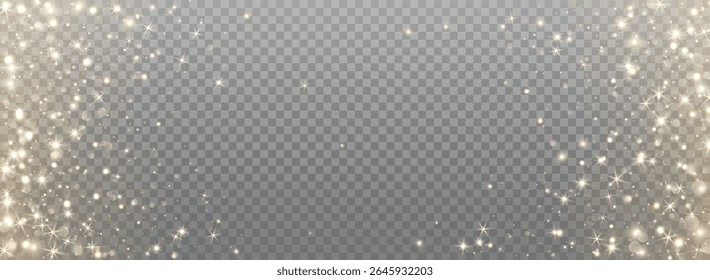 Golden glitter and glowing particles forming a sparkle frame. Shiny festive border overlay for Christmas, New Year, party or celebration design. Remove transparent background in vector file.