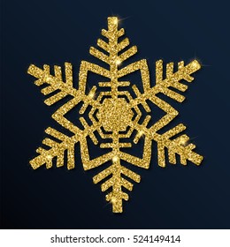 Golden glitter good-looking snowflake. Luxurious christmas design element with golden glitter snowflake, golden dust and sparkles. Golden snowflake vector illustration.