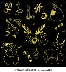 Golden glitter graphics Christmas elements set for your holiday design. Stylish New Years 2016 icons.Glitter gold.  Snowman, deer, pine tree, presents, sweets, decorations, candle and holly berry