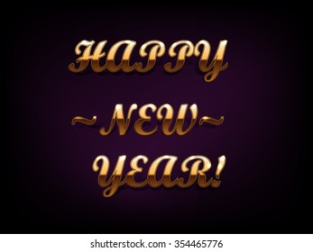 Golden glitter "Happy New Year" on purple background with quotes. Vector illustration.