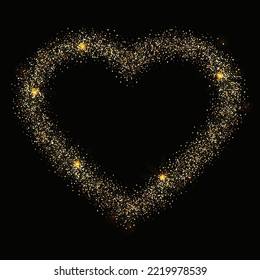 Golden glitter heart frame with space for text. Vector golden dust isolated on black. Great for valentine and mother's day cards, wedding invitations, party posters and flyers.