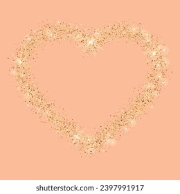 Golden glitter heart frame with space for text. Vector golden dust isolated on Peach Fuzz. Great for valentine and mother's day cards, wedding invitations, party posters and flyers.Vector illustration