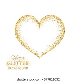 Golden glitter heart frame with space for text. Vector golden dust isolated on white. Great for valentine and mother's day cards, wedding invitations, party posters and flyers.