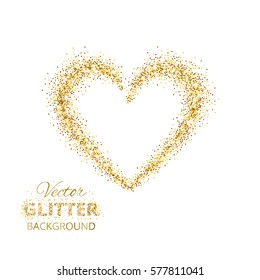 Golden glitter heart frame with space for text. Vector golden dust isolated on white. Great for valentine and mother's day cards, wedding invitations, party posters and flyers.