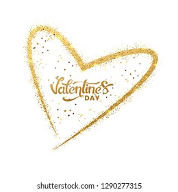 Golden glitter heart shape with stylish lettering of Valentine's Day on white background.